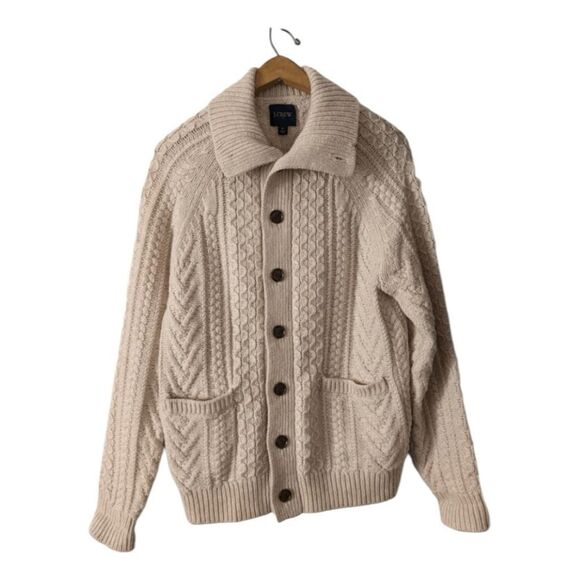 J. Crew Lambswool Blend Cable Knit Cardigan Sweater Tan XXL - Picture 2 of 9